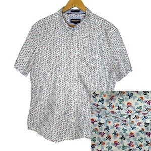 JOHNSTON MURPHY Men Sz L Multi Pirates Button Down Flip Cuff Short Sleeve Shirt‎
